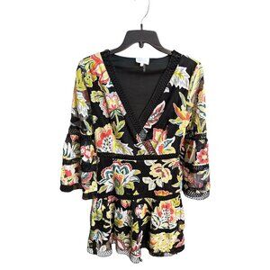 Entro Embroidered V Neck Long Sleeve Lace Trim  Floral Mini Dress Size S EUC